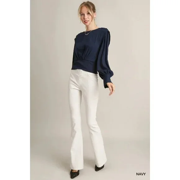 NWT Umgee Navy Solid Defined Shoulder Crepe Blouse~Long Sleeve - Picture 7 of 10